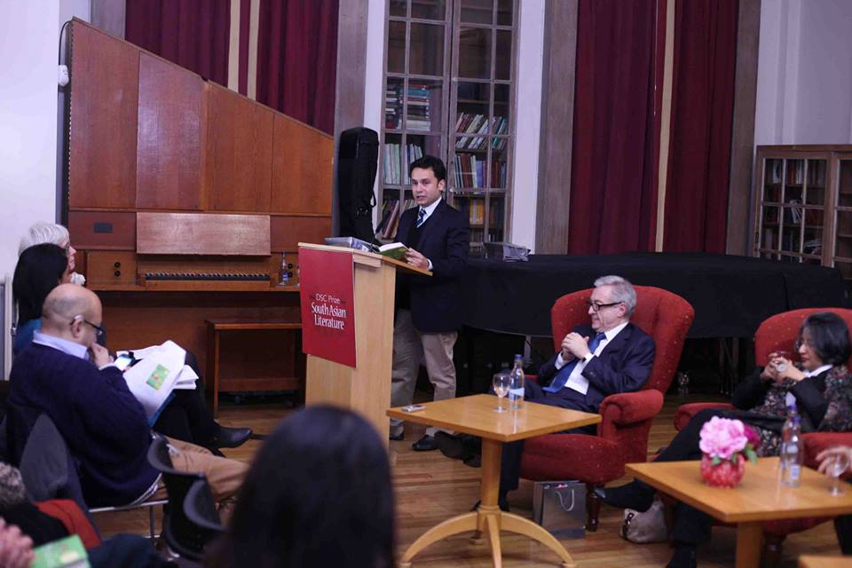 Jury Member Razi Ahmed of the Lahore Literary Festival speaking at the DSC Shortlist Announcement Ceremony. Photo Courtesy of DSC Prize Facebook page.